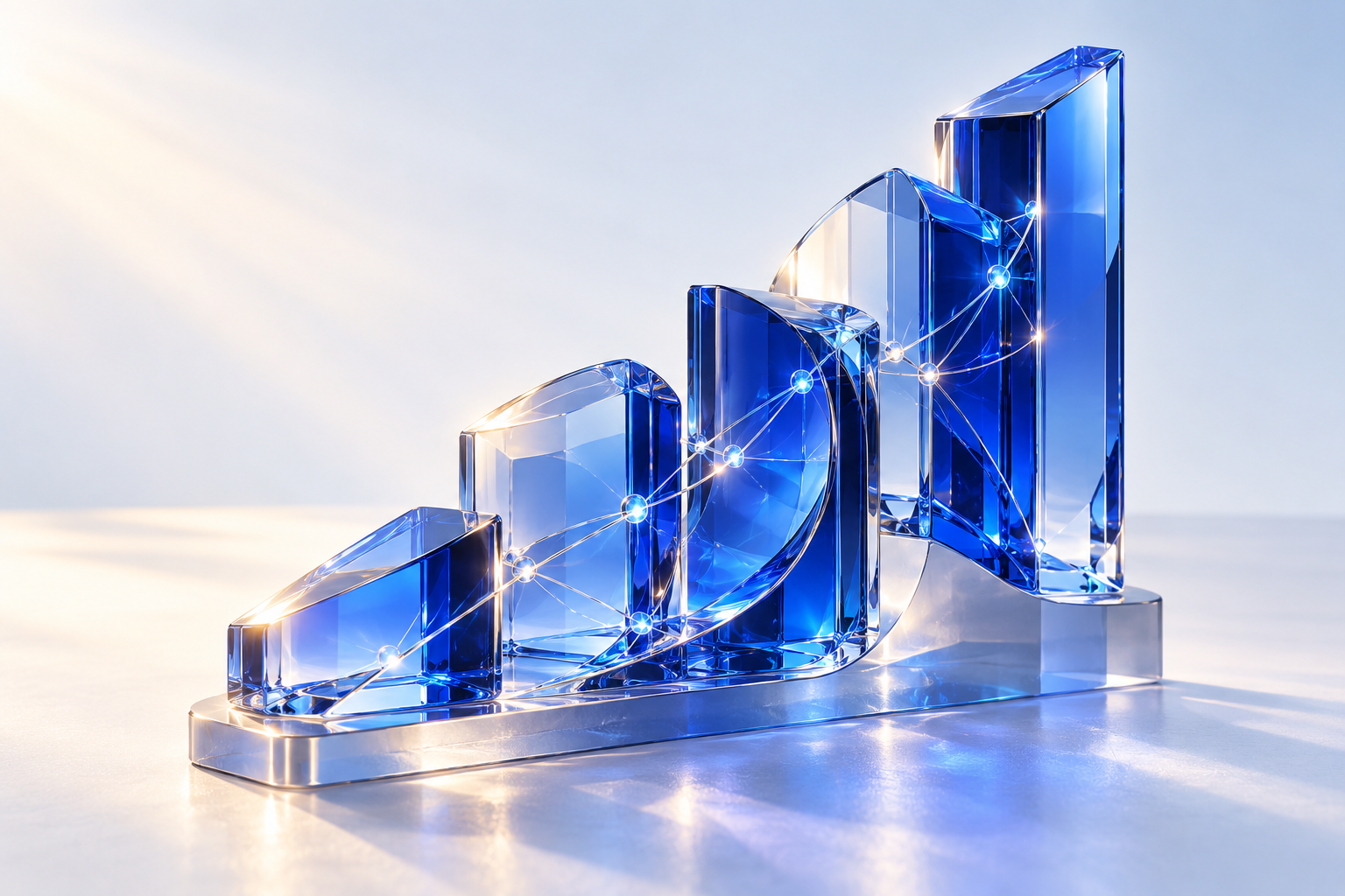 Escultura de cristal azul con formas ascendentes y conexiones que representan crecimiento empresarial e inteligencia artificial